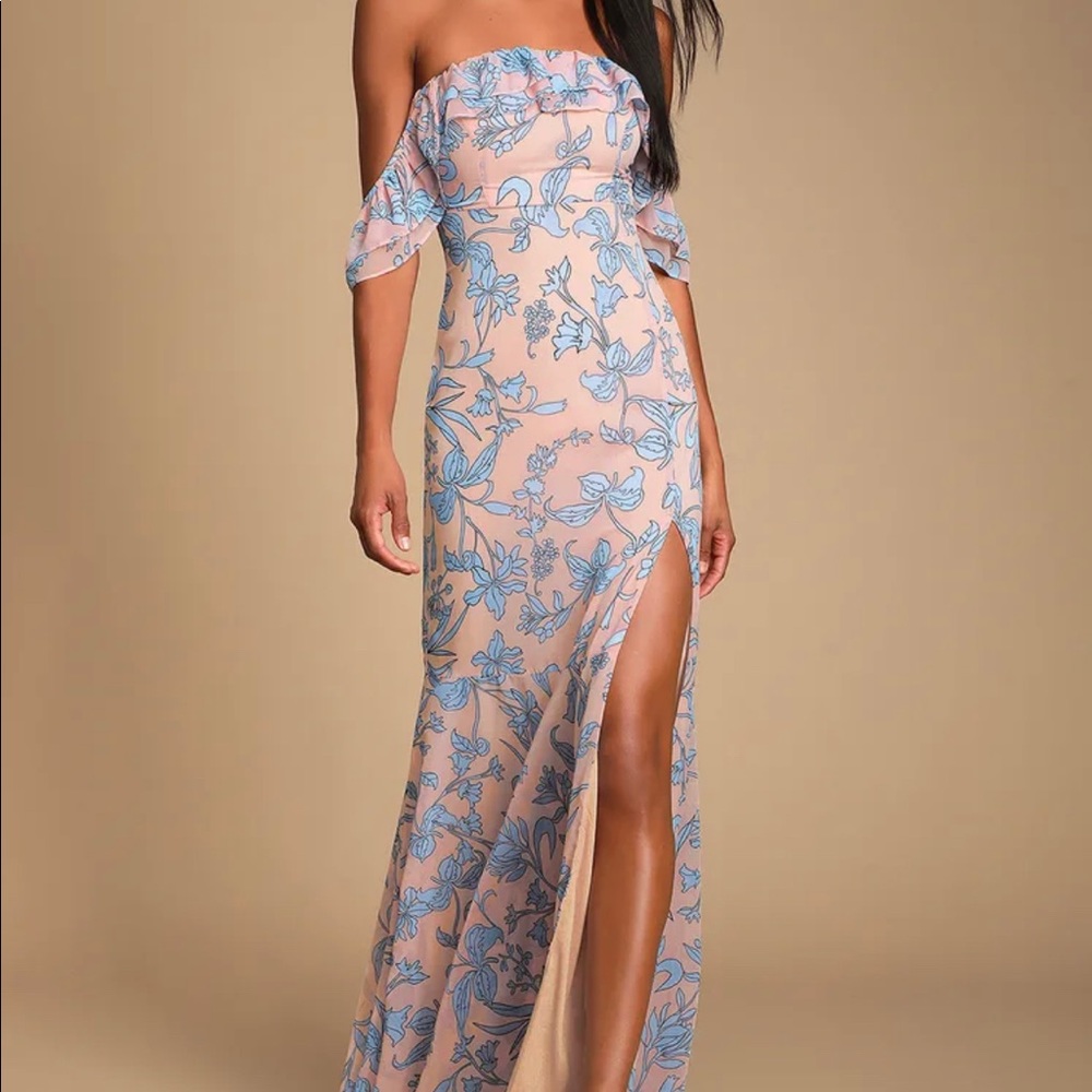 Off Shoulder Blush Pink Blue Maxi Slit
